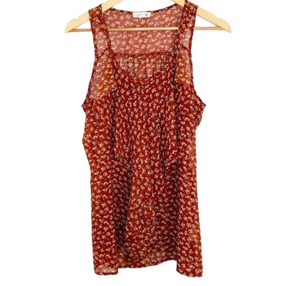 Mine brick red floral ruffle semi sheer top L